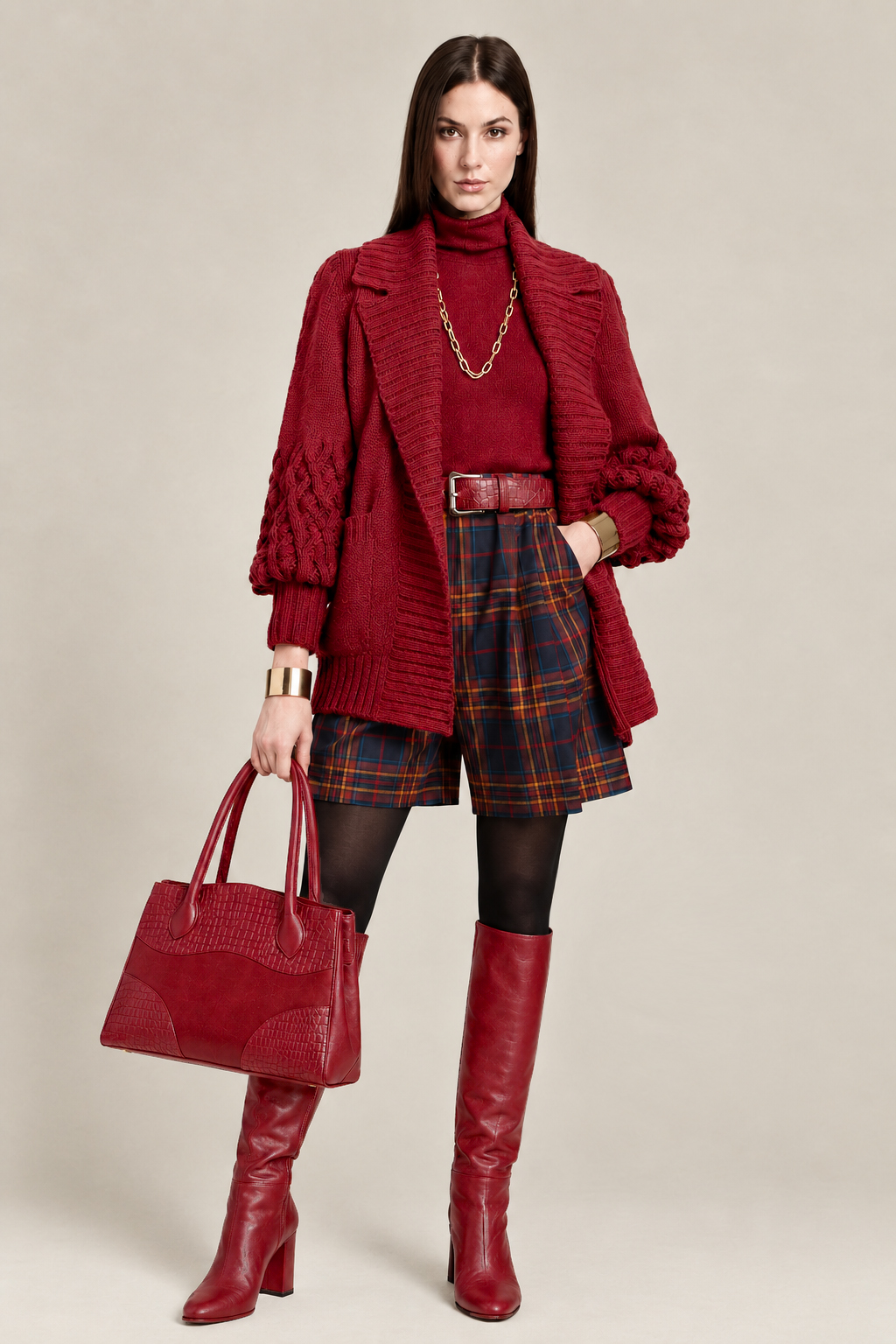 Women's cherry red custom-made classic knee-high boots with round toe and high block heel- Top view